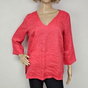 Saint Tropez West Tunic  Linen Coral Embroidered  Sz M See Description Coastal
